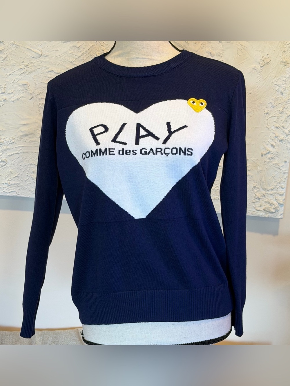 Comme Des Garcons Play Crewneck Knit Sweater Navy Blue White Yellow Heart